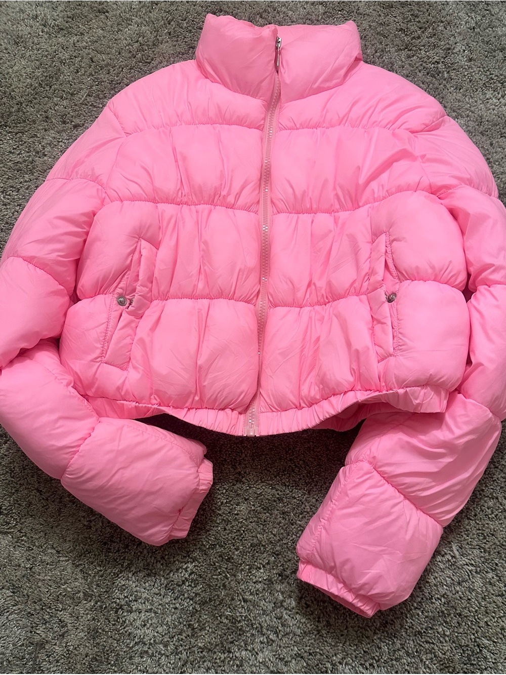 #214 Girls' Cropped Pink Puffer Jacket - Cozy Lightweight Coat